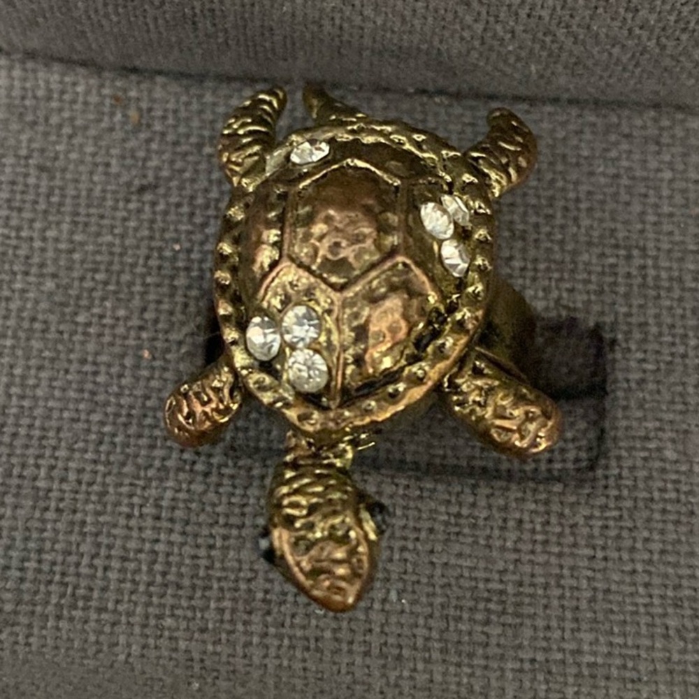Vintage Bronze Turtle with Rhinestones Expansion Ring - size 7